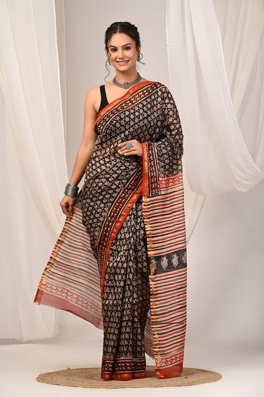 Elegant Chanderi Silk Saree - Festive Handblock Design