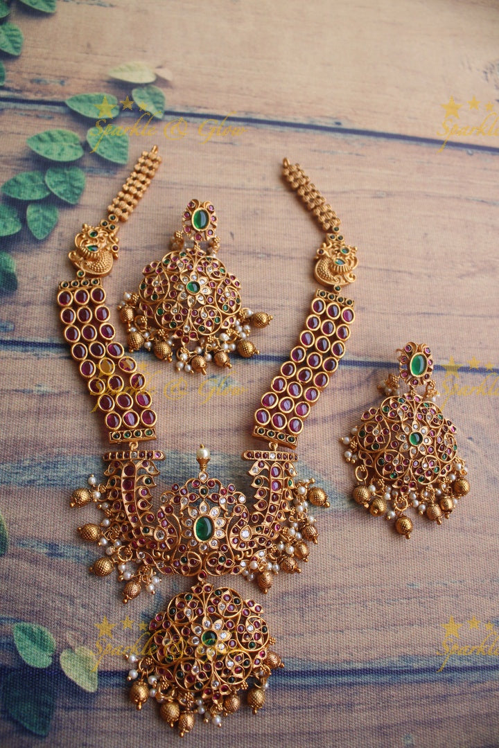 Premium matte kemp stones peacock necklace - Sparkle and Glow