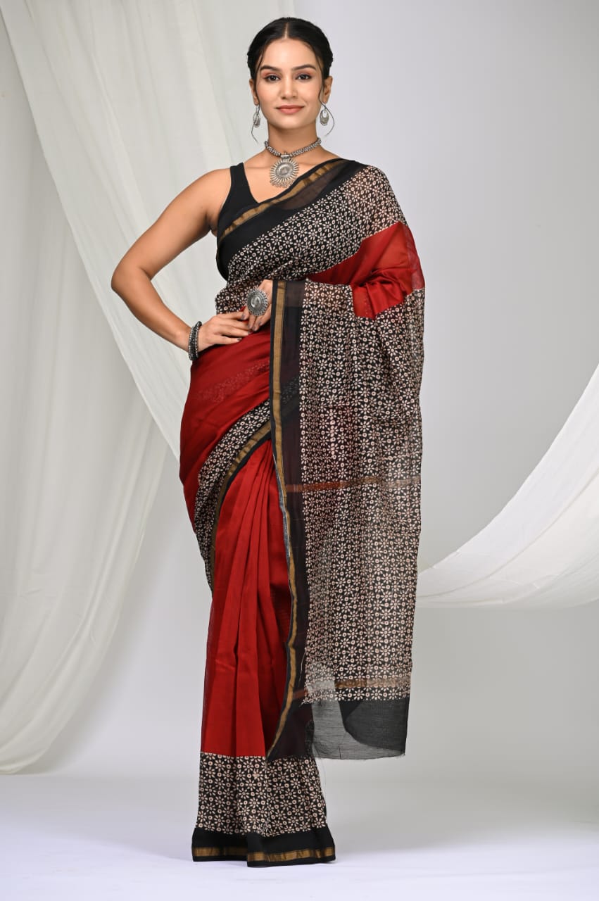 Elegant Chanderi Silk Saree - Festive Handblock Design