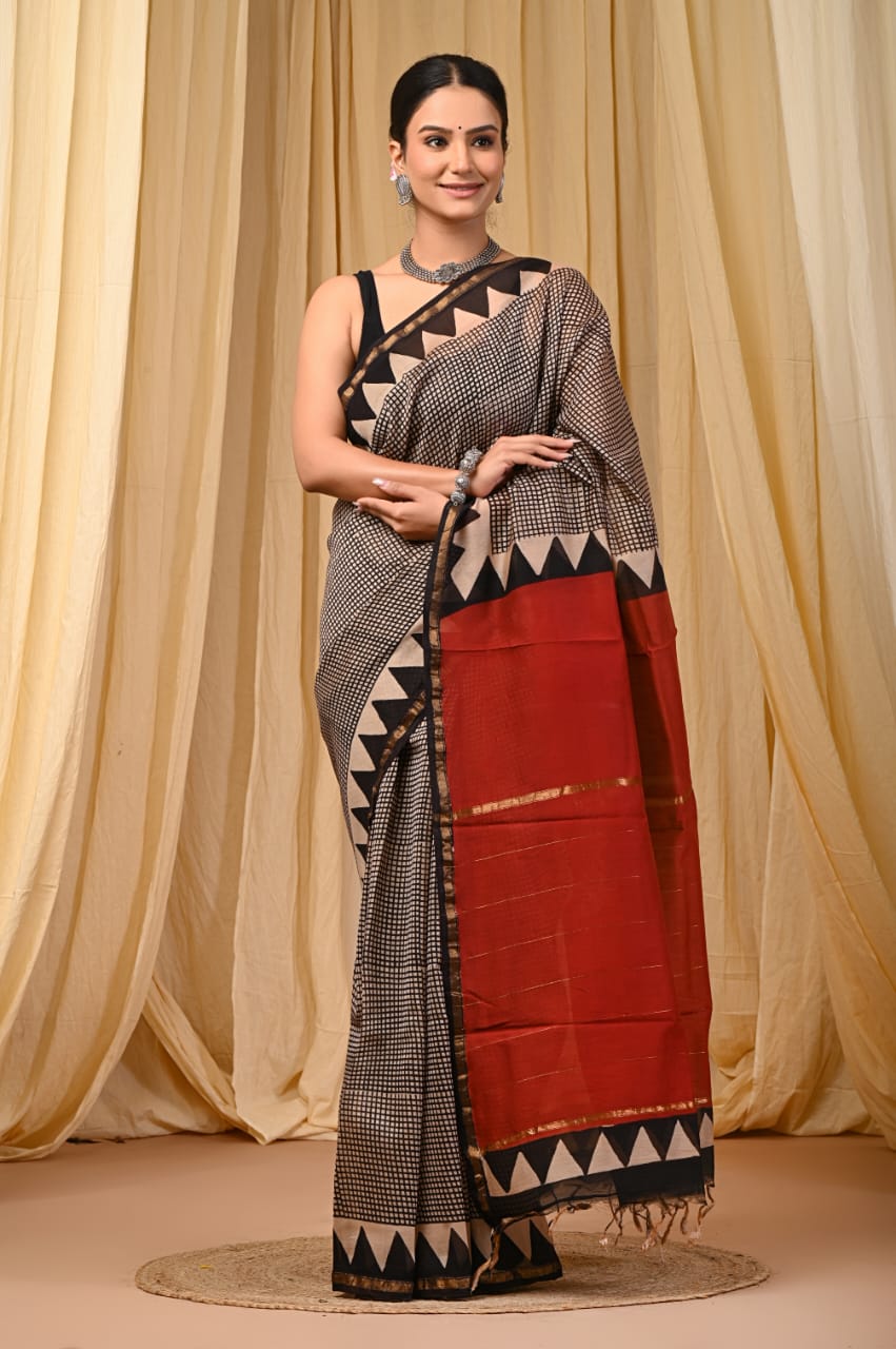 Elegant Chanderi Silk Saree - Festive Handblock Design