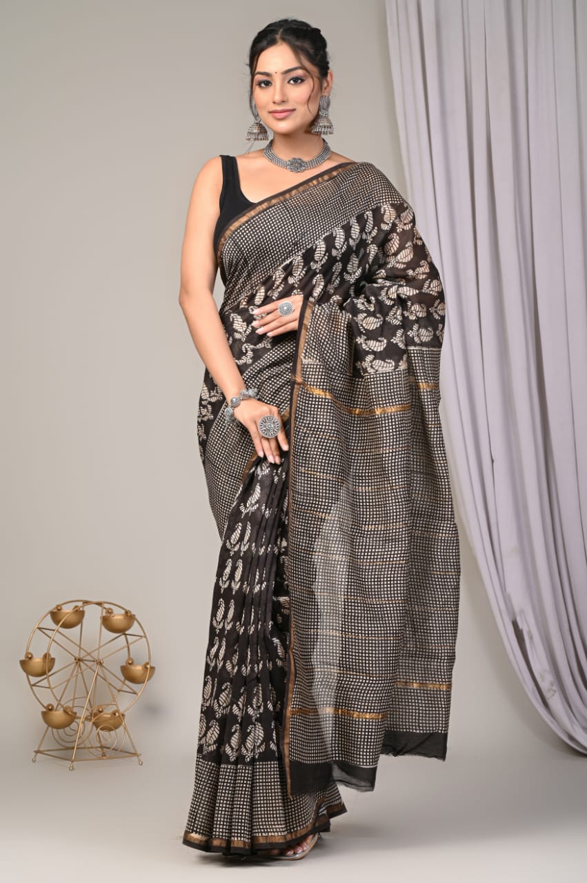 Elegant Chanderi Silk Saree - Festive Handblock Design