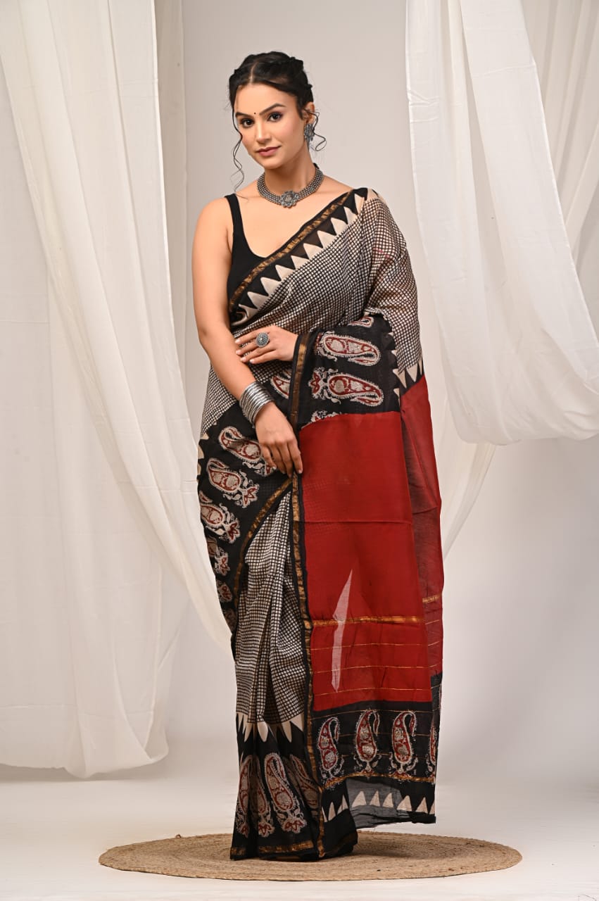 Elegant Chanderi Silk Saree - Festive Handblock Design