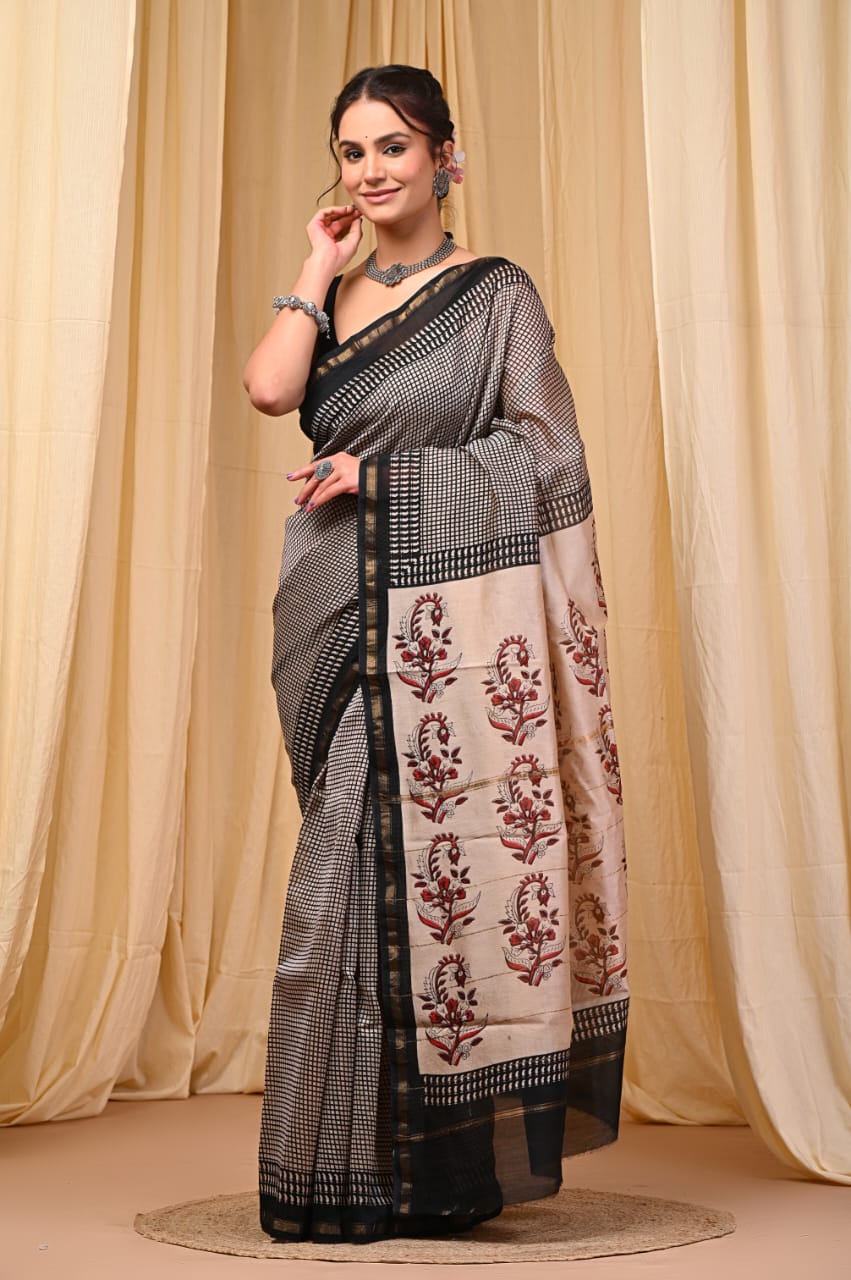 Elegant Chanderi Silk Saree - Festive Handblock Design