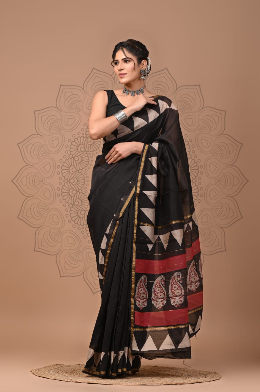 Elegant Chanderi Silk Saree - Festive Handblock Design
