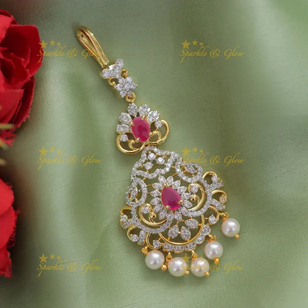 Exquisite Gold Polish Floral Maang Tikka with Pearls