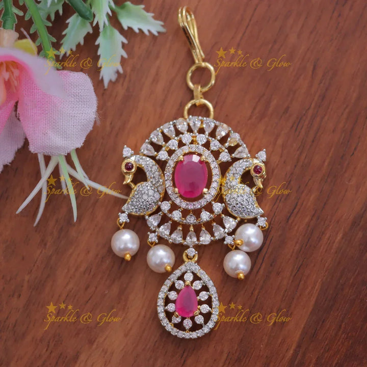 Elegant Pearl Maang Tikka with Peacock Design