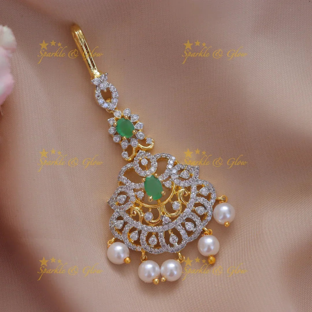 Elegant Gold Maang Tikka With Pearls & Gems