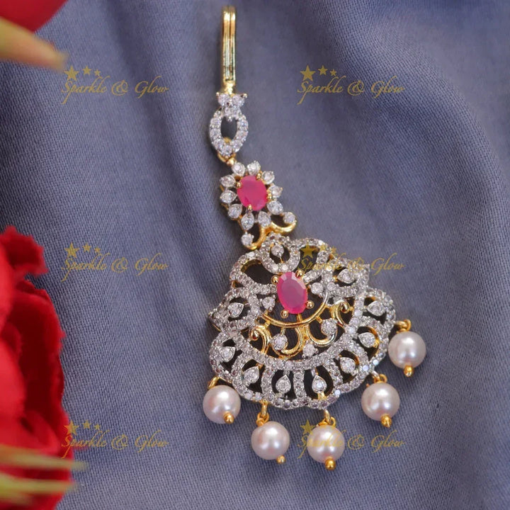 Elegant Gold Maang Tikka With Pearls & Gems