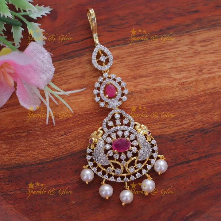 Elegant Peacock Floral Pearl Maang Tikka for Weddings