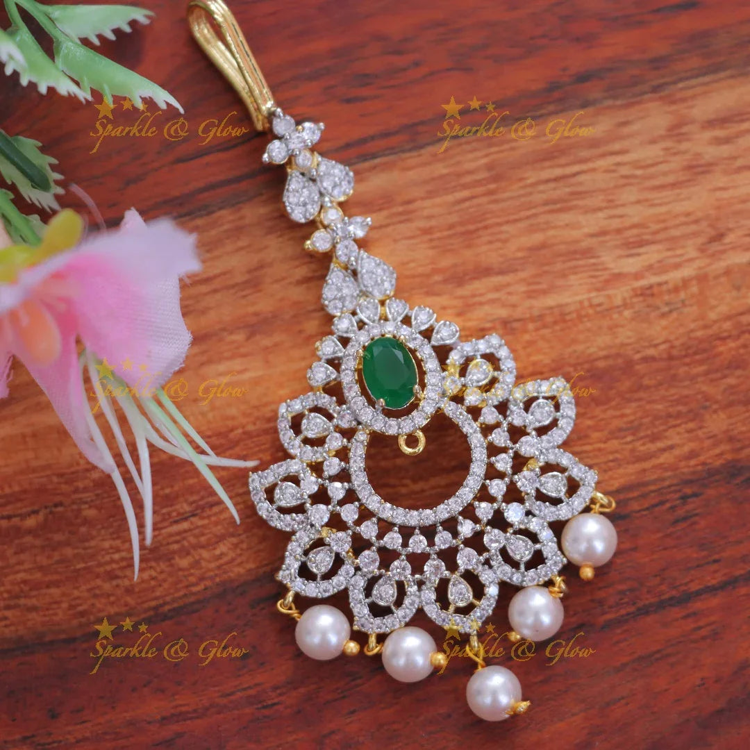 Gold-Plated Festive Maang Tikka with Pearl Detailing