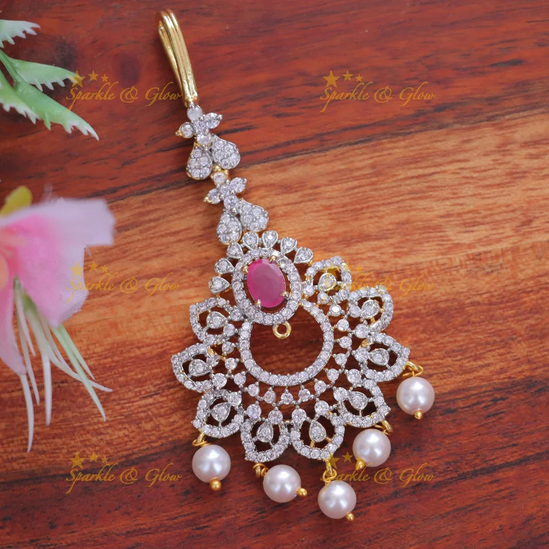 Gold-Plated Festive Maang Tikka with Pearl Detailing