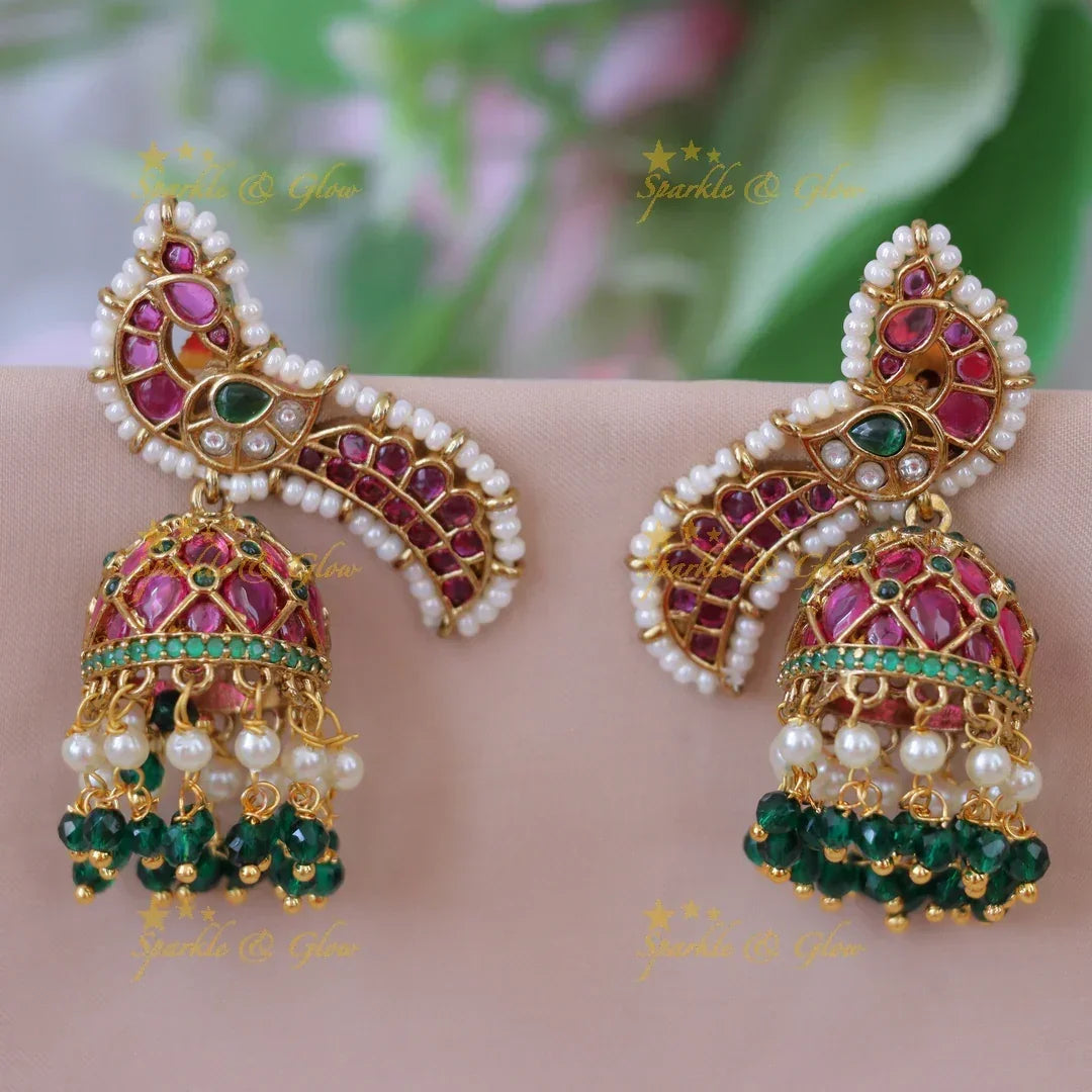 Stunning Peacock Pearl Jhumka Earrings | Sparkle & Glow