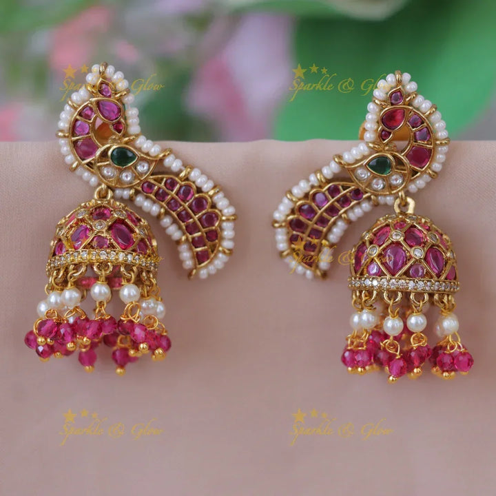 Stunning Peacock Pearl Jhumka Earrings | Sparkle & Glow