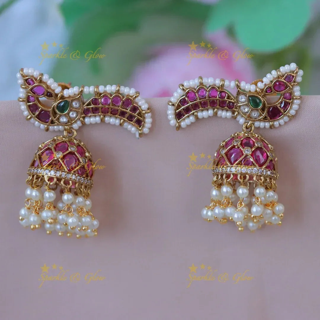 Stunning Peacock Pearl Jhumka Earrings | Sparkle & Glow