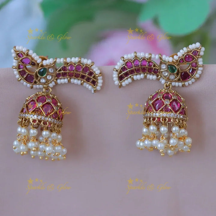 Stunning Peacock Pearl Jhumka Earrings | Sparkle & Glow