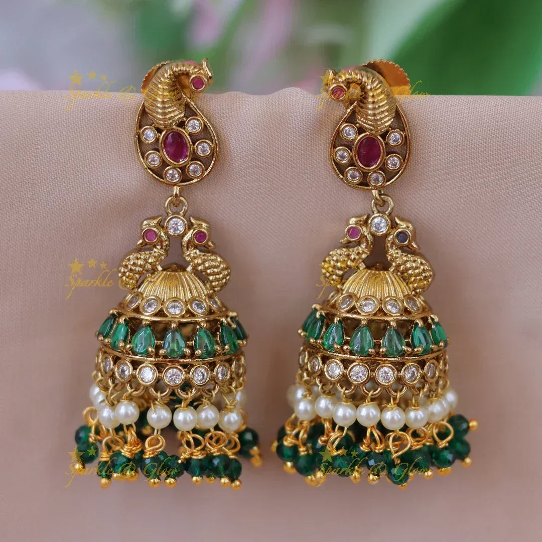 Exquisite Mango Peacock Jhumka Earrings with Green Beads