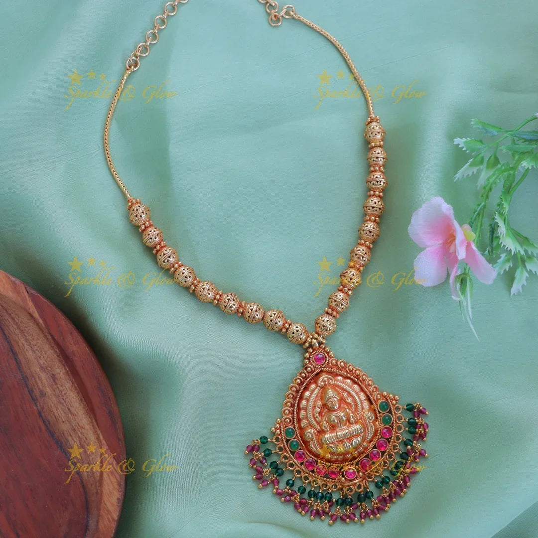 Exquisite Gold Beaded Lakshmi Pendant Necklace