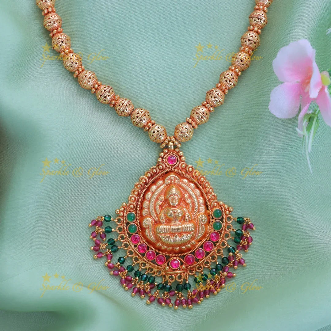 Exquisite Gold Beaded Lakshmi Pendant Necklace