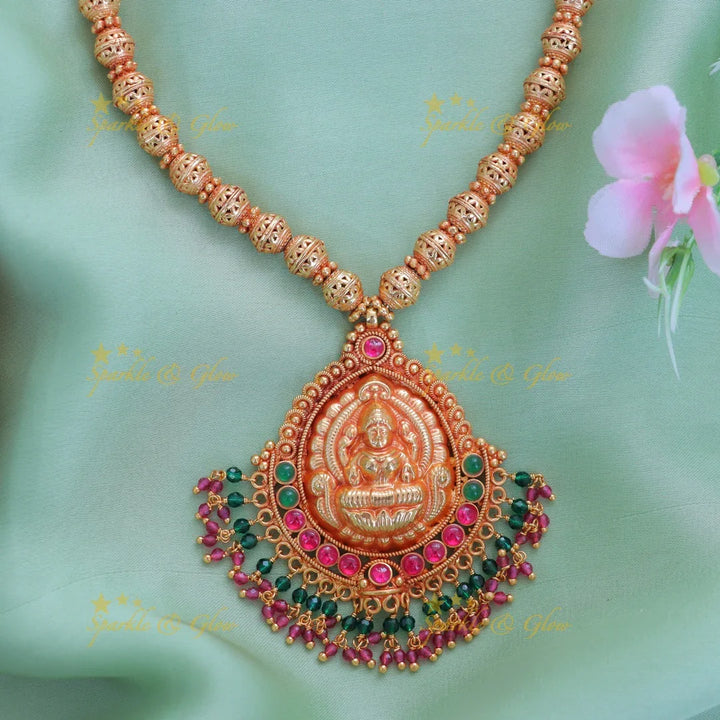 Exquisite Gold Beaded Lakshmi Pendant Necklace