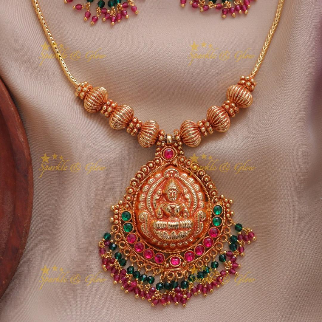Exquisite Gold Bead Lakshmi Short Necklace for Celebrations