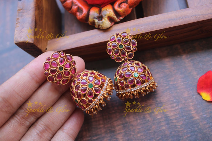 Gold alike kemp flower studded jhumukas