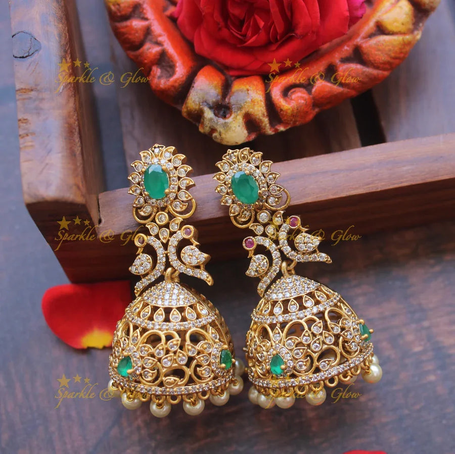 Premium Matte cz peacock jhumukas - Sparkle and Glow