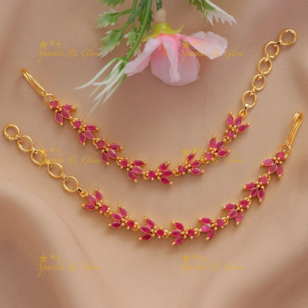 Elegant Pink & Gold Floral Earchain for Brides