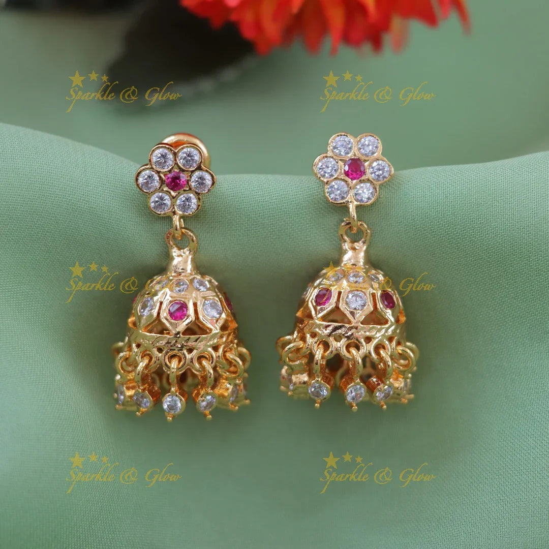 Radiant Gold Floral Stud Jhumka Earrings | Sparkle & Glow