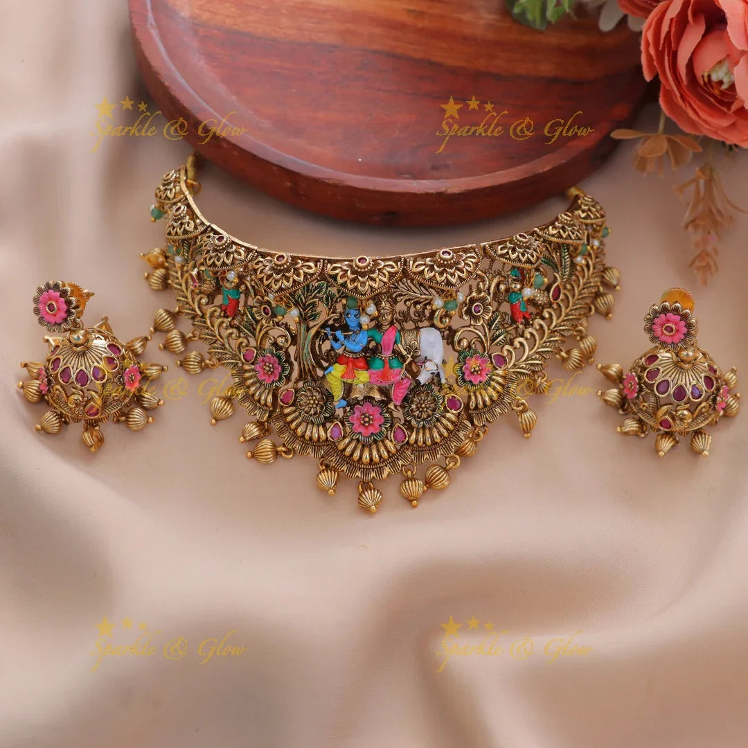 Radiant Radha Krishna Floral Choker Set for Celebrations