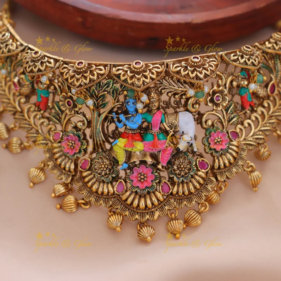 Radiant Radha Krishna Floral Choker Set for Celebrations