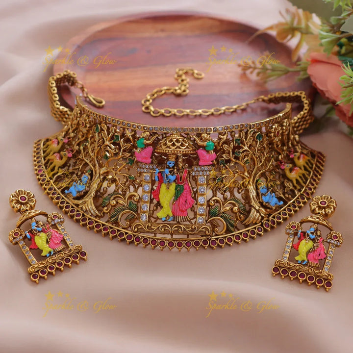 Radiant Radha Krishna Gold Choker Necklace for Festive Glam