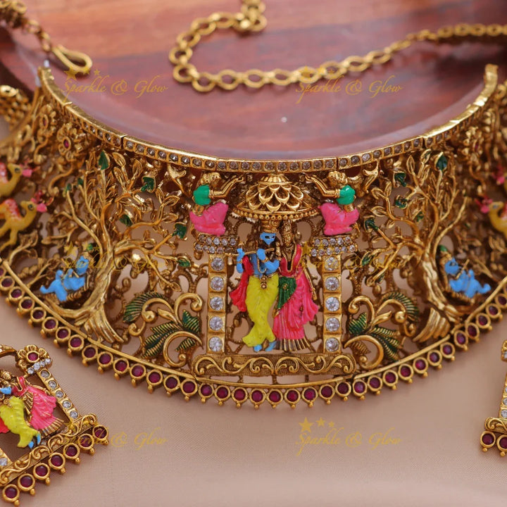 Radiant Radha Krishna Gold Choker Necklace for Festive Glam