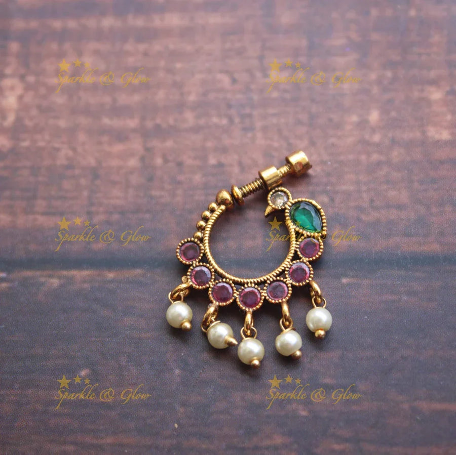 Gold alike antique polished peacock nose pin - multi - Sparkle and Glow
