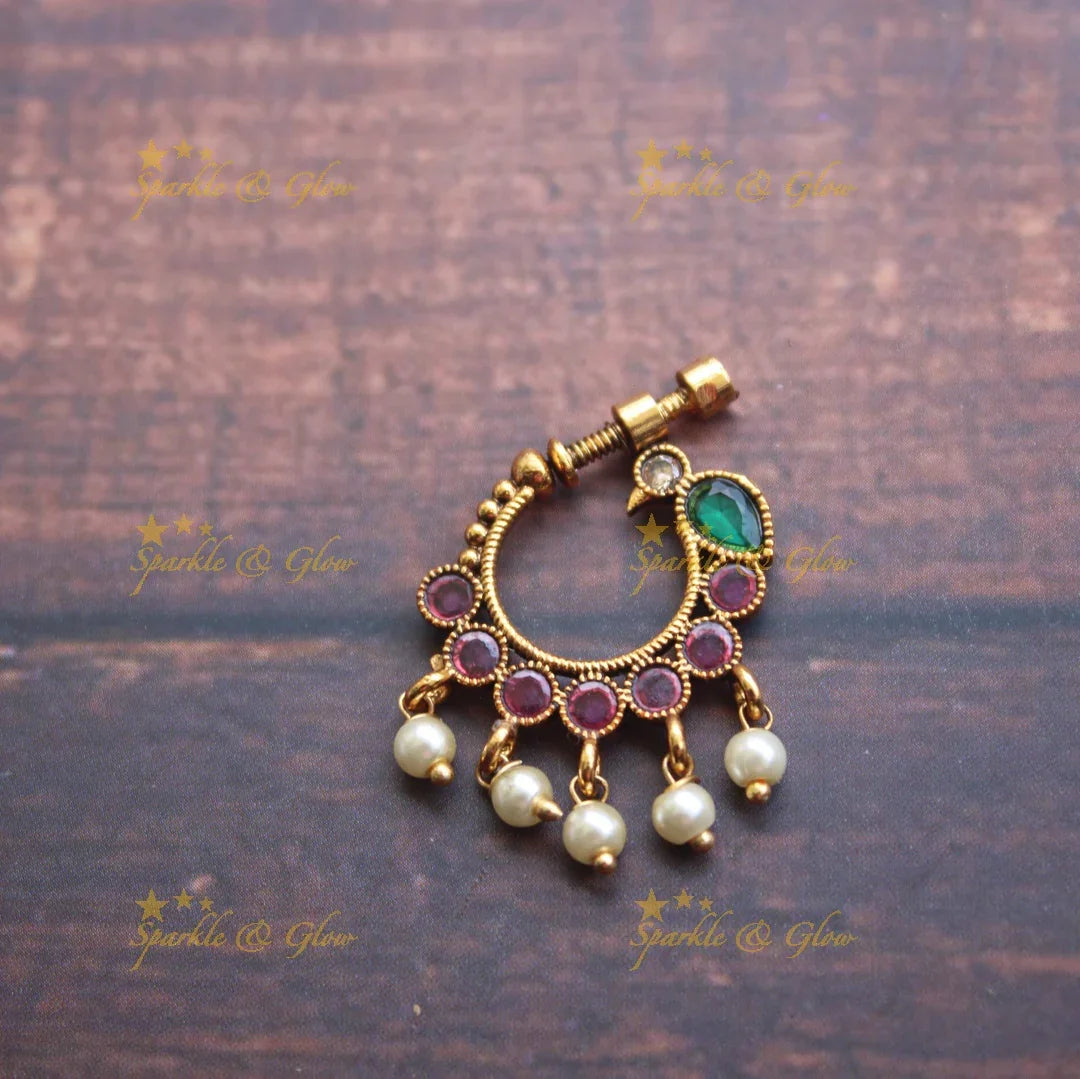 Gold alike antique polished peacock nose pin - multi - Sparkle and Glow