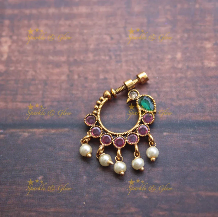 Gold alike antique polished peacock nose pin - multi - Sparkle and Glow