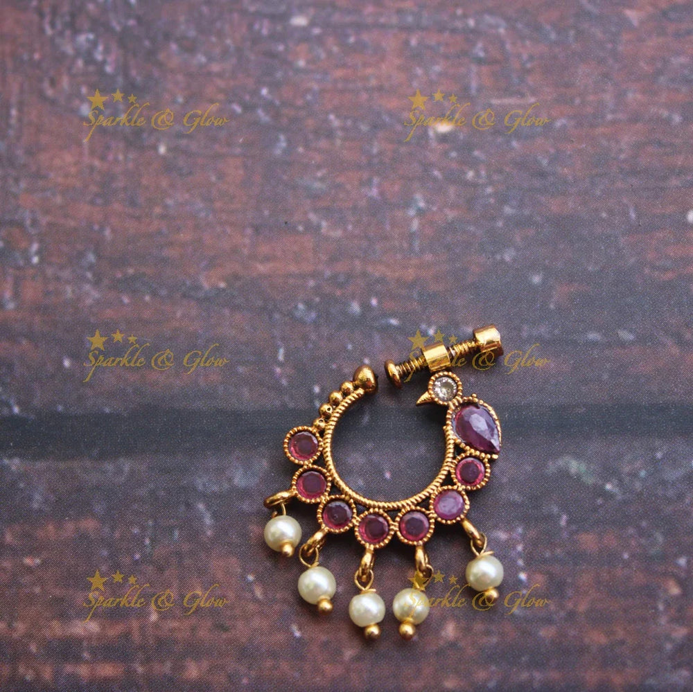 Gold alike antique polished peacock nose pin - multi - Sparkle and Glow