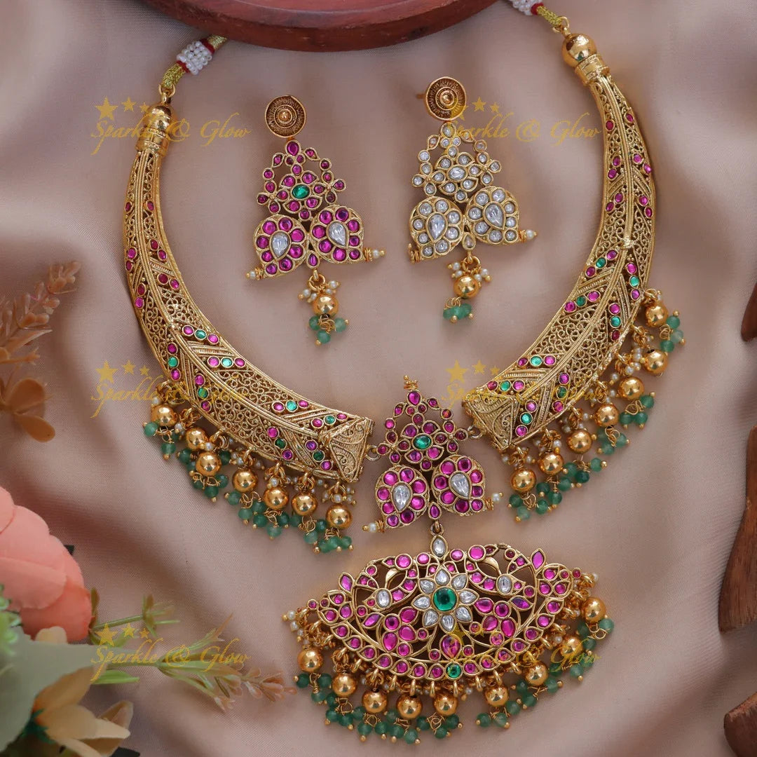 Luxurious Jadau Kundan Floral Hasli Necklace Set