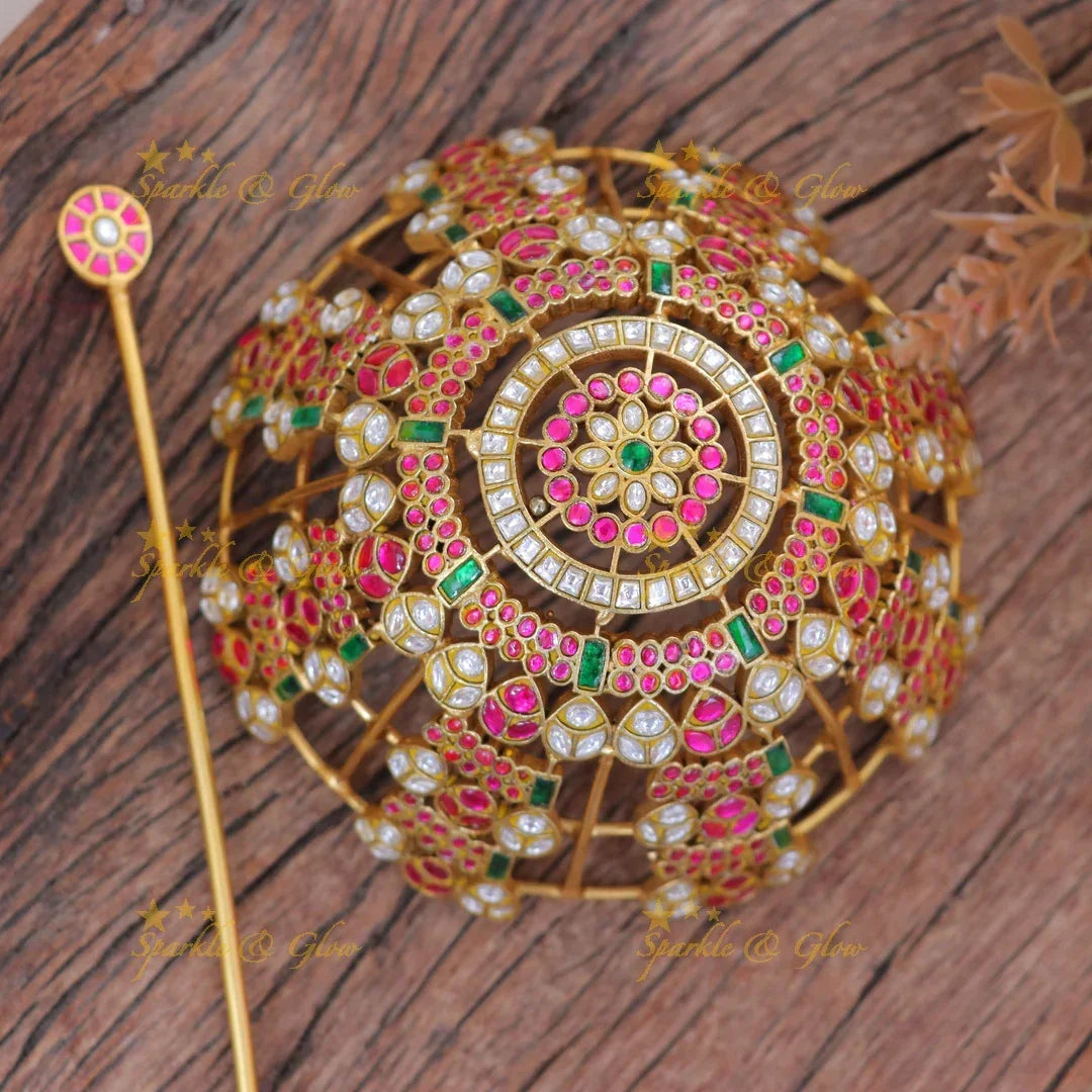 Elegant Jadau Kundan Floral Gold Hair Bun by Sparkle & Glow