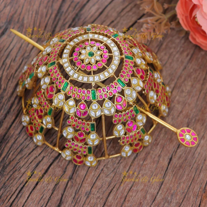 Elegant Jadau Kundan Floral Gold Hair Bun by Sparkle & Glow