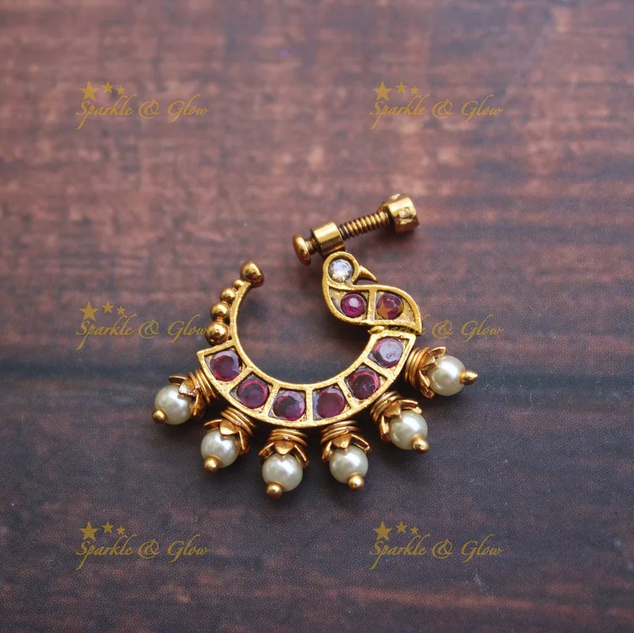Gold alike antique polished peacock nose pin - Pink - Sparkle and Glow