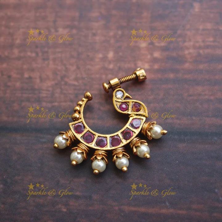 Gold alike antique polished peacock nose pin - Pink - Sparkle and Glow