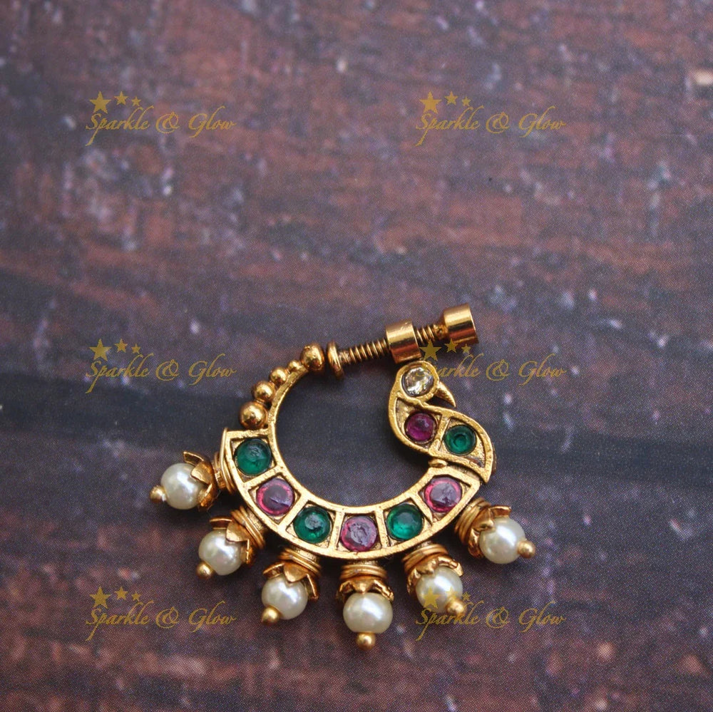 Gold alike antique polished peacock nose pin - Pink - Sparkle and Glow