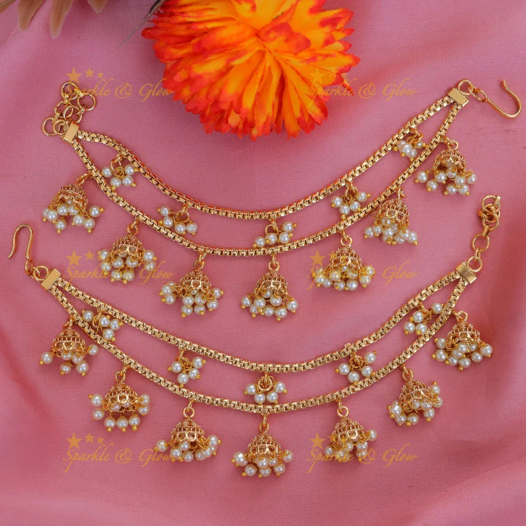 Elegant Double Layer Pearl Jhumka Earchain