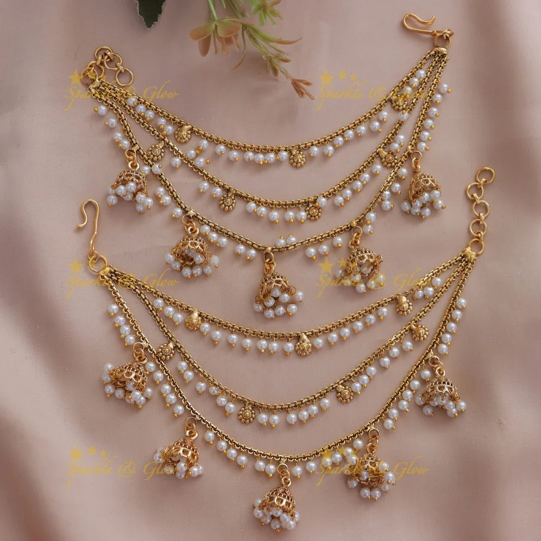 Exquisite Pearl & Gold Ear Chain for Weddings