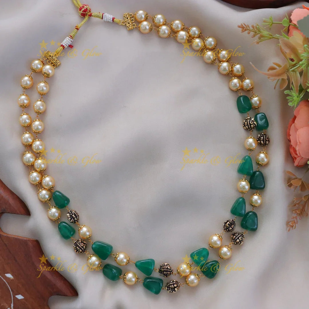 Exquisite Pearl & Green Beads Long Necklace - Sparkle & Glow