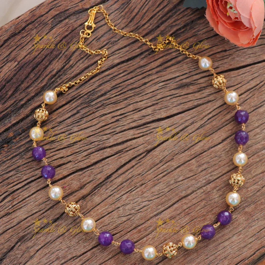 Pearl & Purple Beads Necklace - Indian Imitation Jewellery