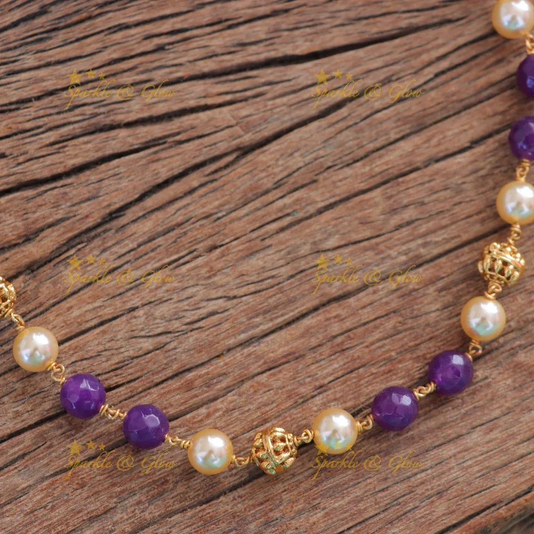 Pearl & Purple Beads Necklace - Indian Imitation Jewellery