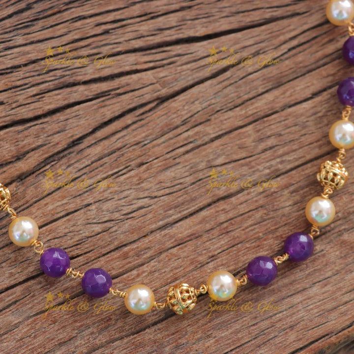 Pearl & Purple Beads Necklace - Indian Imitation Jewellery
