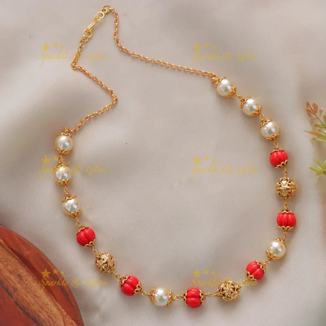 Exquisite Pearls and Pumpkin Beads Festive Necklace