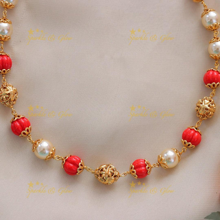 Exquisite Pearls and Pumpkin Beads Festive Necklace